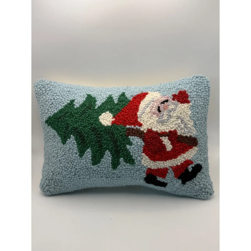 Peking Handicraft Santa with Tree Hooked Wool Pillow Blue 8x12 31AV197C12OB NEW